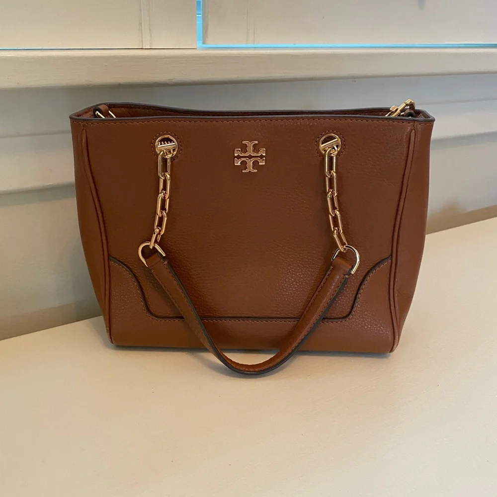 Tory Burch Tan Structured Tote with Gold Logo - Picture 2 of 10